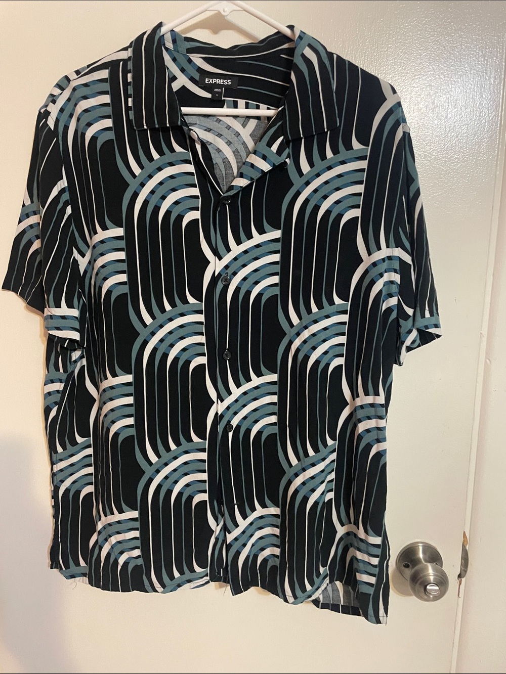 Express Black Shirt with White and Teal Arch Pattern